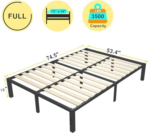 18 Inch Full Size Bed Frame with Wood Slats & 4 Mattress Baffles