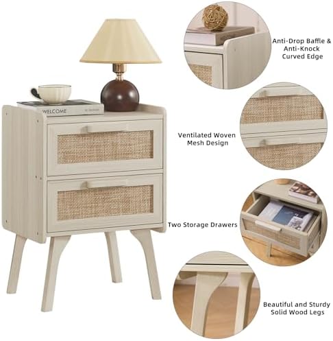 Lerliuo Rattan Night Stand for Bedroom, 2 Drawers