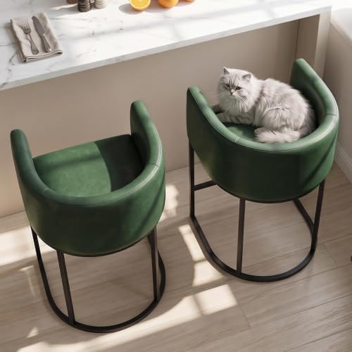 26" H Counter Height Bar Stools Set of 3, Modern Barrel Counter Stools with Backrest and Arms, Faux Leather Upholstered Accent Barstools for Kitchen Island,Support 450 LBS (Green)
