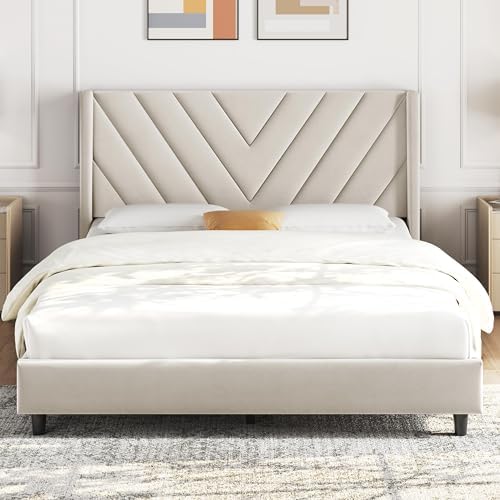 Yaheetech Full Bed Frame with Chevron Channel-Tufted Headboard, Beige