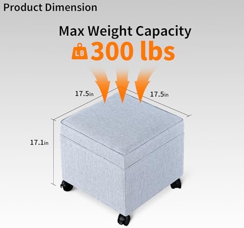 Adeco 17.5 inch Square Storage Ottoman with Wheels & Flip Top Lid, Upholstered Linen Foot Rest Stool, Small Coffee Table for Living Room & Bedroom, Ice Blue