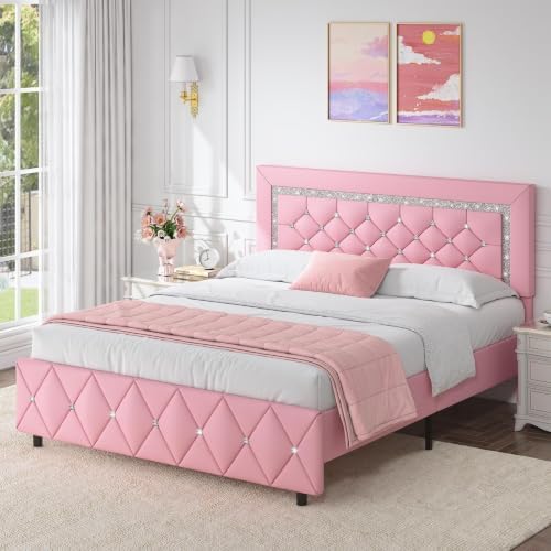 HOMBCK Full Size Bed Frame, Upholstered Platform Bed with Headboard, Pink