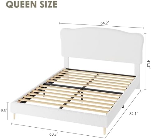 Garvee Bouclé Queen Size Bed Frame with Upholstered Headboard, White
