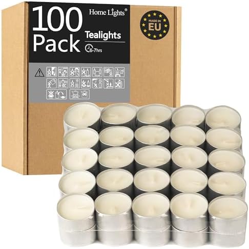 HomeLights Unscented White Tealight Candles -100 Pack, 6 to 7 Hour Burn Time Smokeless, Mini Votive Paraffin Candles with Cotton Wicks for Shabbat, Weddings, Christmas, Home Decor