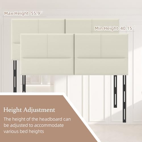 Upholstered Headboard King Size, Solid Wood Head Board with Sturdy Metal Legs, Leather Bed Headboard with Height Adjustable, Grayish White