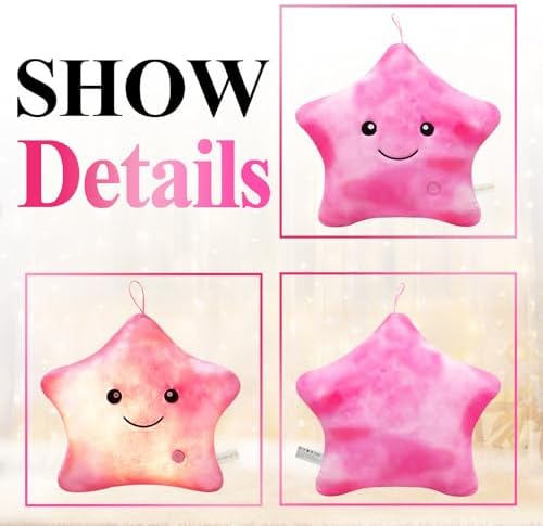 Glow Star Pillow LED Night Light UP Stuffed Animals for Girls Boys Kids Pillows Adults Childrens Plushie Birthday Party, Kids' Plush Toy Pillows Star Shaped Pillow White Pink