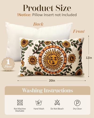 Embroidered Lumbar Pillow Cover 20x12 Inch, Sunflower Moon