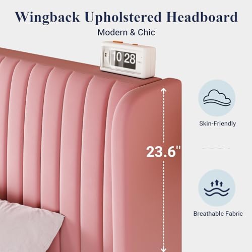 Allewie Full Size Velvet Bed Frame/Vertical Channel Tufted Wingback Headboard/Upholstered Platform Bed/Strong Wooden Slats/No Box Spring Needed/Easy Assembly/Pink