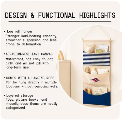 3-Pocket Hanging Wall Organizer, Navy Stripe Design for Boys' Bedroom