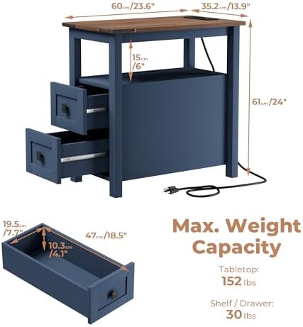 VVFLU Farmhouse End Table with Charging Station and 2 Storage Drawers, Blue Wood Nightstand Narrow, Skinny Side Table Rustic, Slim Bedside Table, Open Shelf, Small for Bedroom, Living Room, Sofa