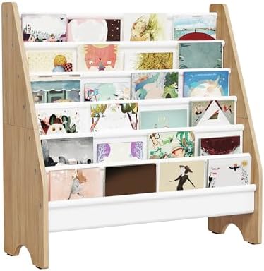 6-Tier Kids Bookshelf, Book Shelf for Kids Room, Sling Bookcase, Magazine and Book Storage Rack, Large Capacity Book Organizer for Nursery, Bedroom, Playroom, White and Natural MCW07WB