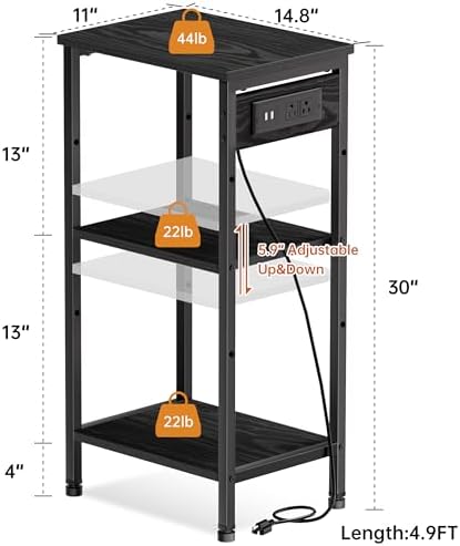Asgolion Tall End Table with Charging Station, Narrow Tall Side Table