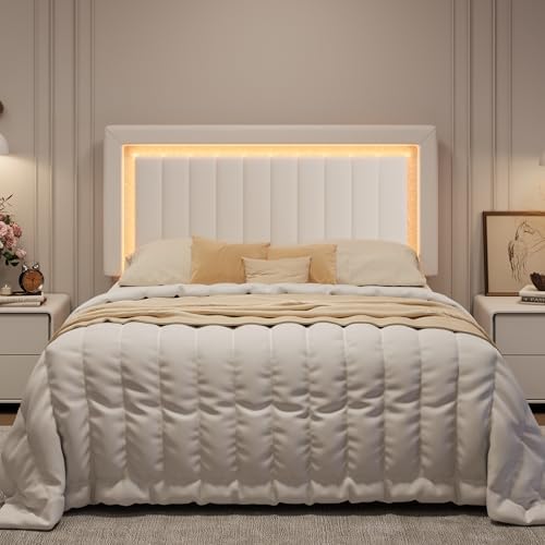 SHA CERLIN Queen Size Velvet Bed Frame with LED Light, White