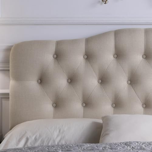 Rosevera Mallory Mid-Century Modern Upholstered Fabric Headboard,Diamond Tufted,Adjustable Height, Solid Wood Leg, Linen Fabric Padded Headboard,King,Textile Beige