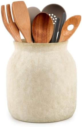 DOWAN 7 '' Ceramic Utensil Holder for Kitchen Counter, Light Beige Gray
