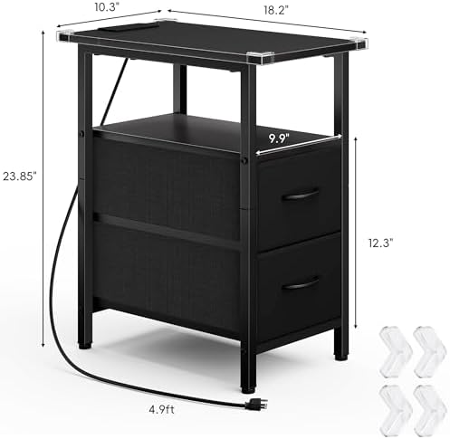 Vagusicc Black End Table with Charging Station, Narrow Side Table, 23.8'' Tall Nightstand with 2 Fabric Drawers, Small Sofa Side Table Narrow Nightstand for Small Spaces, Living Room, Bedroom, Black