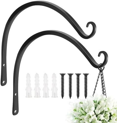 FEED GARDEN Heavy Duty Plant Hooks - 2 Pack 14 Inch Wall Mounted Hanging Brackets, 57lb Capacity Steel Plant Hangers for Bird Feeders, Baskets, Wind Chimes Outdoor Indoor- Black