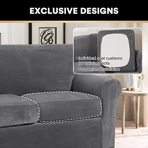 PrinceDeco Couch Cover Velvet Plush Sofa Covers for 2 Cushion Couch Width Up to 90 Inch Washable Furniture Protector Pet Friendly No Slip Sofa Slipcover(Medium-Large, Grey)
