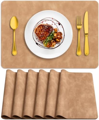 ADRIMER Fall Placemats Set of 6, Heat Resistant Faux Leather, Camel