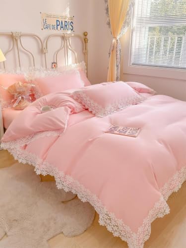 IHOUSTRIY Lace Duvet Cover Twin Size, Chic Ruffle Beddding Set, 2 Pieces Comforter Cover Set with Zipper Closure, Girl Bedding with Pillowcase