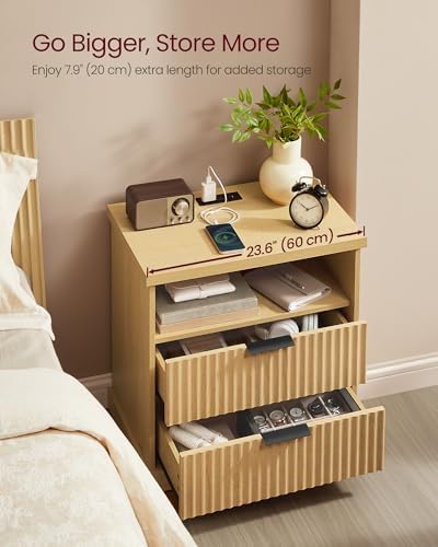 VASAGLE Nightstand with Charging Station, 2 Drawers, Open Shelf
