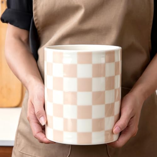 Kitchen Utensil Holder,7.2-inch Extra Large Ceramic Checkered Pattern Utensil Crock,Cooking Utensil Organizer for Kitchen Counter Decor,Storage Caddy Farmhouse Gift Beige