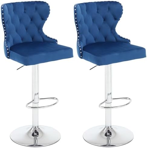 Set of 2 Adjustable Swivel Bar Stools, Velvet Upholstered Counter Height Chairs with Nailhead Trim, Silver Footrest, and High Back for Kitchen Island, Home Bar, Dining Room, Cafe,Blue