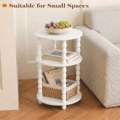 3-Tier Round Side Table, Small End Table with Solid Wood Spindle Legs White