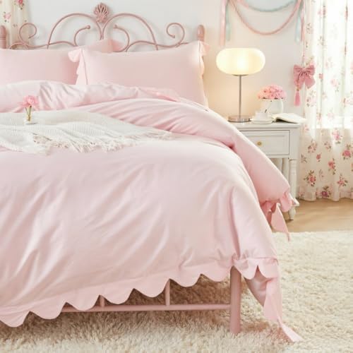 Brandream Kid's Organic Scallop Duvet Cover Set Twin/Twin XL Pink Girls Bedding Size Soft Breathable Luxury Bed Set for Dorm Room Grandmillennial Cottagecore Coquette Hotel Style Bedroom