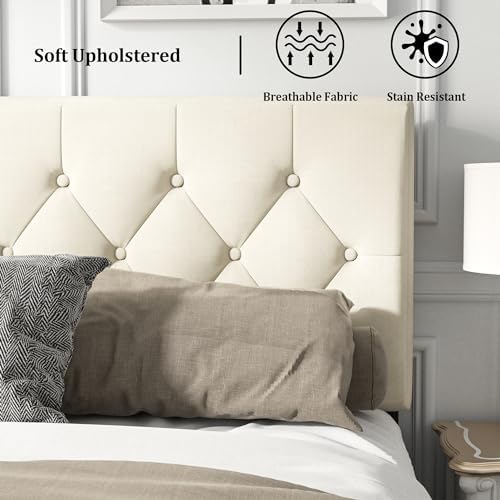 HAOARA Queen Size Platform Bed Frame with Upholstered Button Tufted Headboard, Mattress Foundation with Wooden Slat Support, Noise Free, No Box Spring Needed, Easy Assembly, Beige Velvet