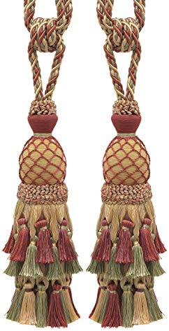DÉCOPRO Lavish Large Curtain & Drapery Hand Crafted Tassel Tiebacks Tassel Length 11" (27.5cm) 34" Spread (86cm) (Style# TBIL1) Cherry Grove Beige #4770 (Golden Beige Rust Red Olive Green) Pack of 2