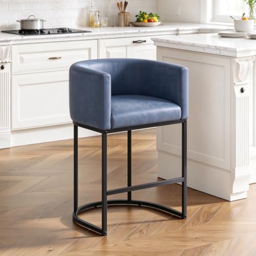 26" H Counter Height Bar Stools, Modern Barrel Counter Stools with Backrest and Arms, Faux Leather Upholstered Accent Barstools for Kitchen Island,Support 450 LBS (Blue)