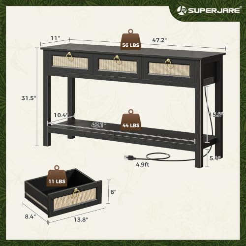SUPERJARE Rattan Console Sofa Table with Outlets, USB-C Port and 3 Drawers