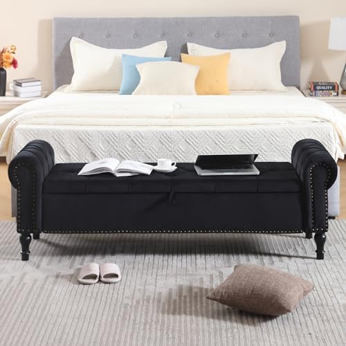 Storage Bed Bench for Bedroom, 67 Inches End of Bed Bench, Velvet King Size Bench with Arms, Tufted Button Storage Ottoman Benches, Upholstered Bench for Bedroom, Living Room, Entryway, Black
