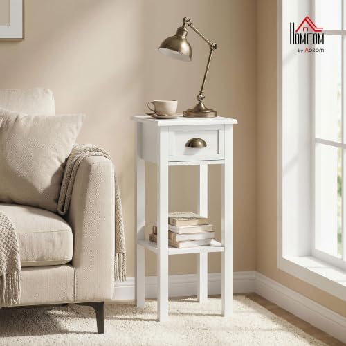 HOMCOM Narrow End Table with Drawer and Bottom Shelf Set of 1 White