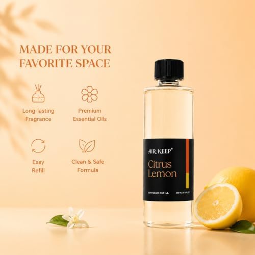 Airkeep Citrus Lemon Reed Diffuser Refill – 6.76 fl oz – Premium Scented Oil for Home Aromatherapy – Long-Lasting Fragrance for Reed Diffusers – Perfect for Bathroom, Bedroom & Home Decor