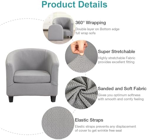 NILUOH Stretch Club Chair Slipcover 2-Piece Set for Barrel & Tub Chairs, Soft Armchair Cover - Removable Washable Furniture Protector, Living Room Armchair Cover,Light Grey