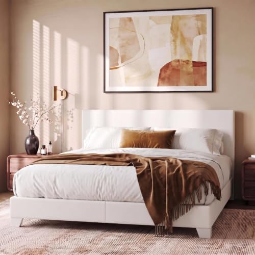 Allewie Queen Size Upholstered Bed Frame Adjustable Headboard, White