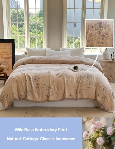 FALUCA Muslin Cotton Throw Blanket Boho Floral Jacquard with Fringe, 104 * 90 Wild Rose Pattern, Reversible Soft Breathable Cover for Couch Sofa Bedroom Vintage Farmhouse Home Decorative, Clay&Brown