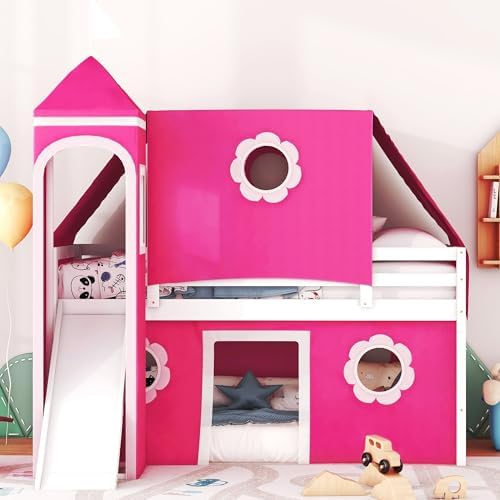 Castle Loft Bed with Slide & Tent and Tower, Playhouse Design Spacious Under Bed Space with Curtains, Wood Tent Bed Frame for Kids Boys Girls (Pink, Twin)