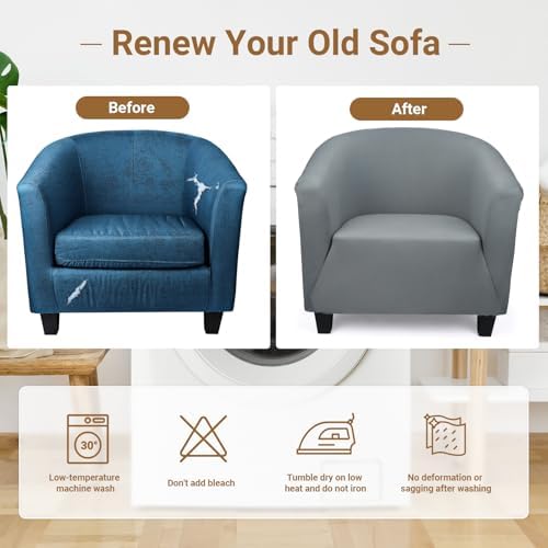 Club Chair Slipcover 1 Piece, 2Pack Round Soft Armchair Sofa Cover, Thick Dark Gray Removable Couch Furniture Protector Barrel Chair Slipcovers for Bar Living Room Bedroom Hotel Counter