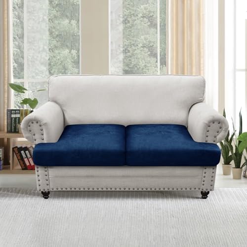 T Cushion Loveseat Sofa Cover Leather-Look 2PC Stretch Sofa Seat Cushion Slipcover Individual Couch Seat Covers with Elastic Bands, Pet-Friendly, Non-Slip, Easy Fit - Navy