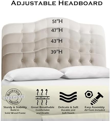 Rosevera Givanna Adjustable Height Headboard with Linen Upholstery and Button Tufting for Bedroom, Queen, Classic Beige
