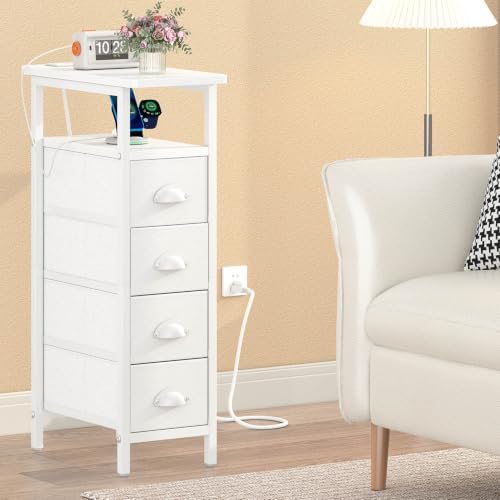 sthmec Side Table with Charging Station, Narrow End Table with 4 Drawers, Small Nightstands with Fabric Drawers,Slim Sofa Couch Side Tables for Small Spaces,Living Room,Bedroom, White