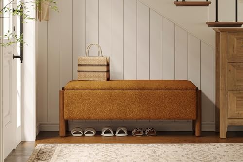 Modern Storage Benches with Walnut Wood Legs, 47'' Ottoman Bench with 20 Gallons Storage Space for Bedroom End of Bed, Fabric Upholstered Entryway Bench with Seating for Livingroom, Orange