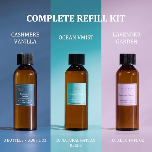 COCORRÍNA Reed Diffuser Refill Set, 10.2oz Scented Oil Refill 3 Pack, Cashmere Vanilla, Ocean Mist, Lavender Garden, Long Lasting Oil Diffuser Refill with 18 Sticks for Bathroom & Bedroom