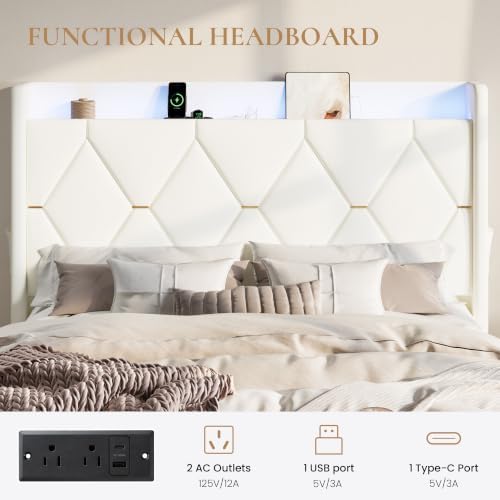 SHA CERLIN Full Size Bed Frame with Storage Drawer & LED Lights, White