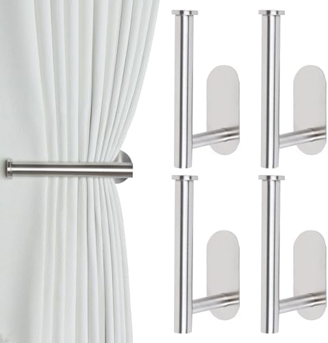Groleca Adhesive Curtain Holdbacks - 4 Pack No Drill Tie Backs Hooks for Drapes, Damage-Free Wall Mounted Curtain Holders with Strong Adhesive (Silver)