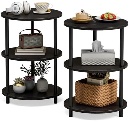 XBurmo Small Round End Table - 3 Tier Design Accent Table, Narrow Side or Bedside Stand, Industrial Vintage Nightstand for Bedroom, Living Room, or Small Spaces, Set of 2, Charcoal Wenge