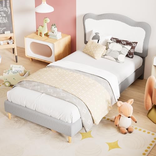 Garvee Full Bed Frames for Kids with Soft headboard, Velvet Low Bed Frame for Girls, Boys, No Box Spring Needed, Wooden Slats, Noise Free, Sturdy, Easy Assembly, Grey White
